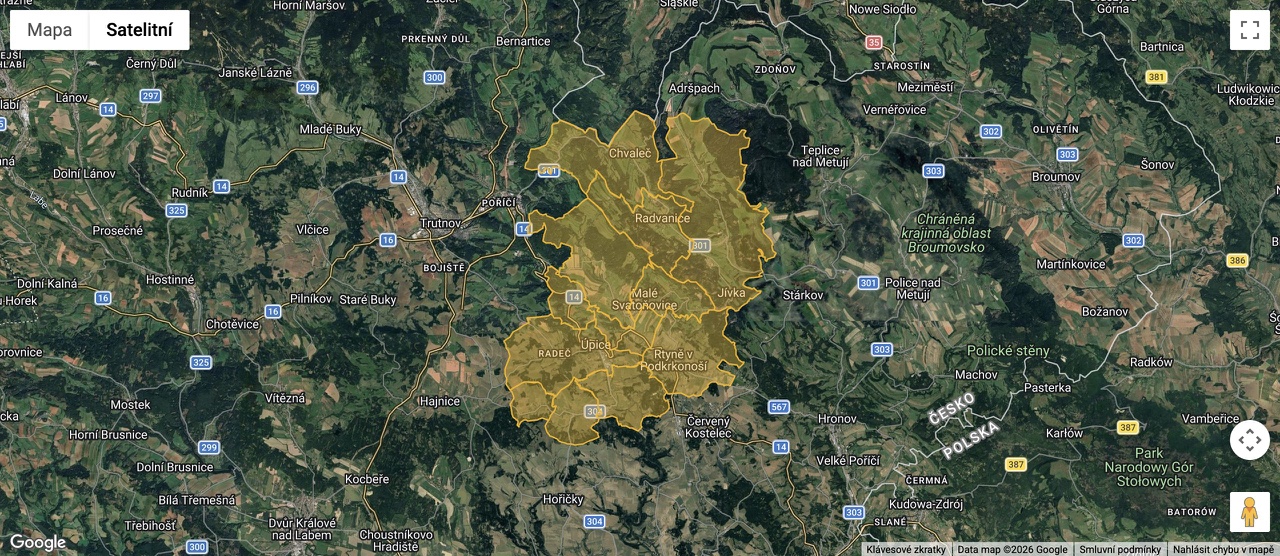 Mapa regionu Jestřebí hory se žlutě vyznačenými hranicemi obcí. Google, Data map ©2026 Google.
